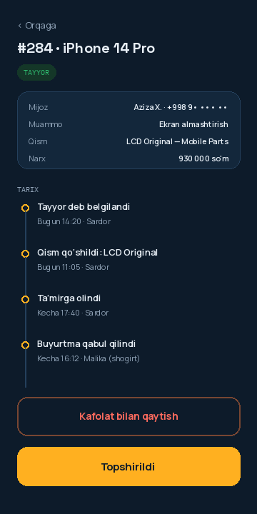 Buyurtma kartasi — to‘liq tarix va kafolat tugmasi
